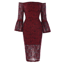 Катя Касин Женская сексуальная фонарь рукав с плеча вино Красное кружевное платье KK001049-1